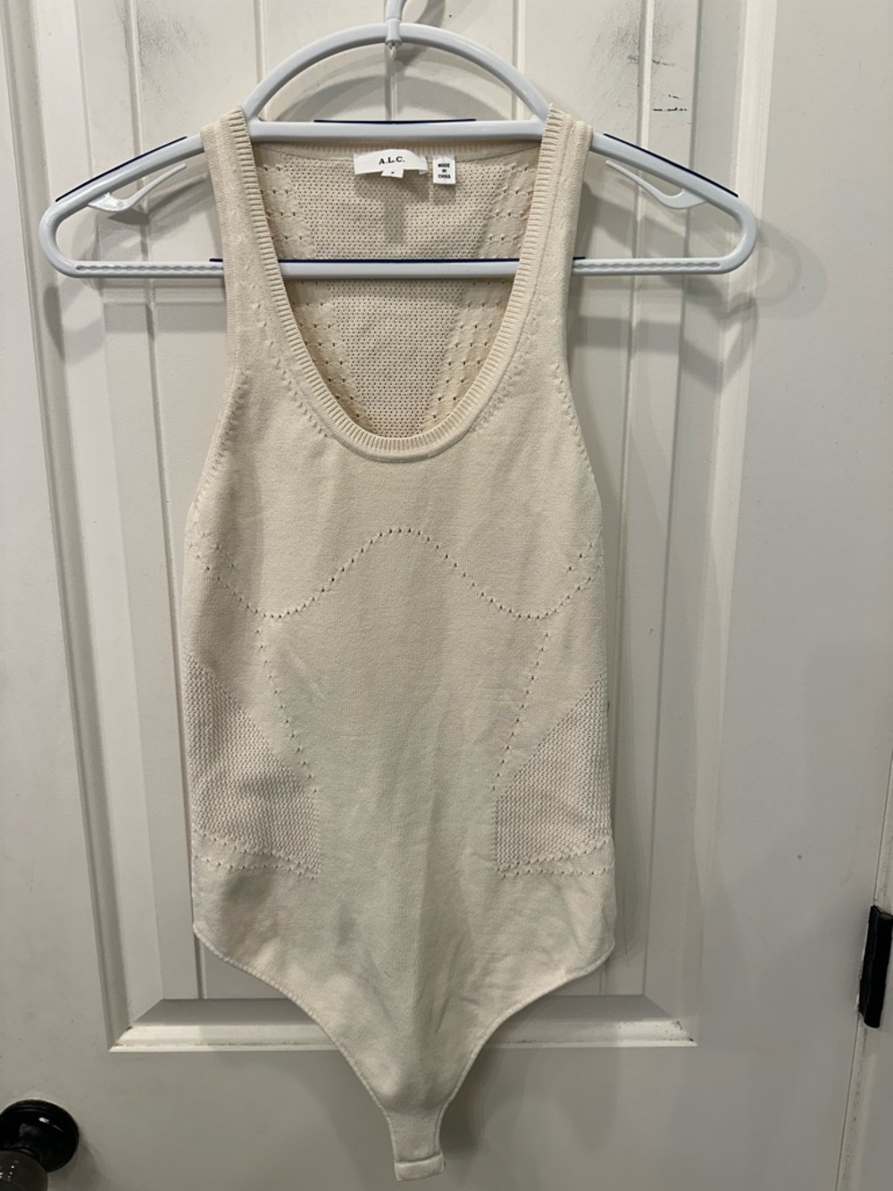 A.L.C. Cream Knit Bodysuit Size Small, Textured Pointelle Detail Minimalist Chic